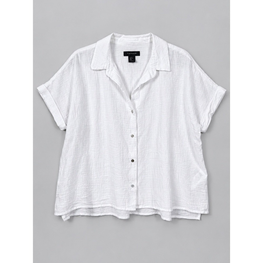 Tahari Linen Cotton Button Up Top XL Coastal Euro Summer Fisherman Boxy